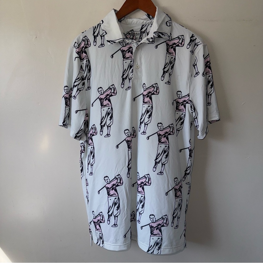 Men's Graphic Polo Shirt - White with Pink and Black Design